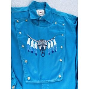 Vintage Mid-West Garment Co Blue Western Shirt‎ Skull Feather Bib Men's Cowboy